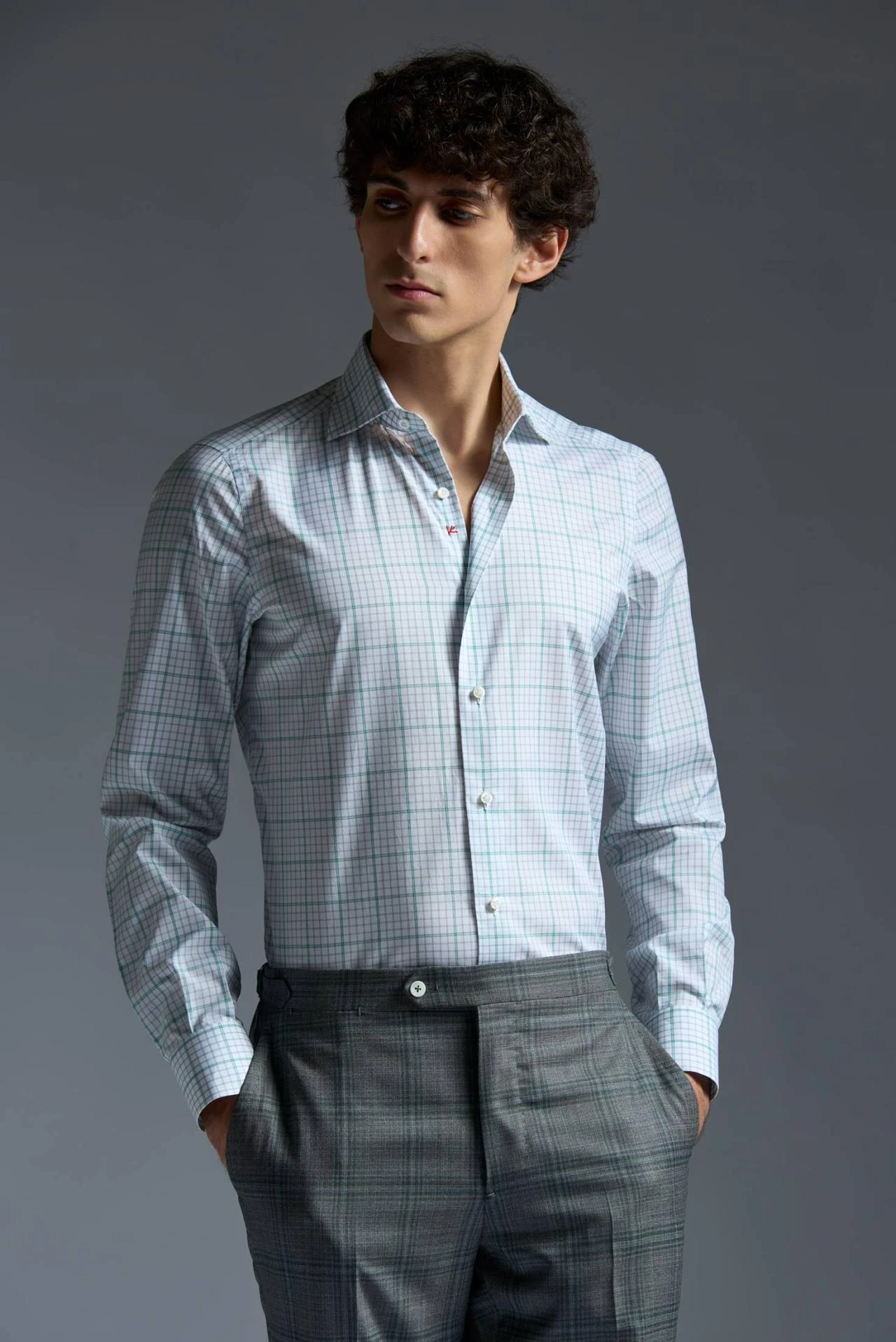 ISAIA Green Check Mix Dress Shirt