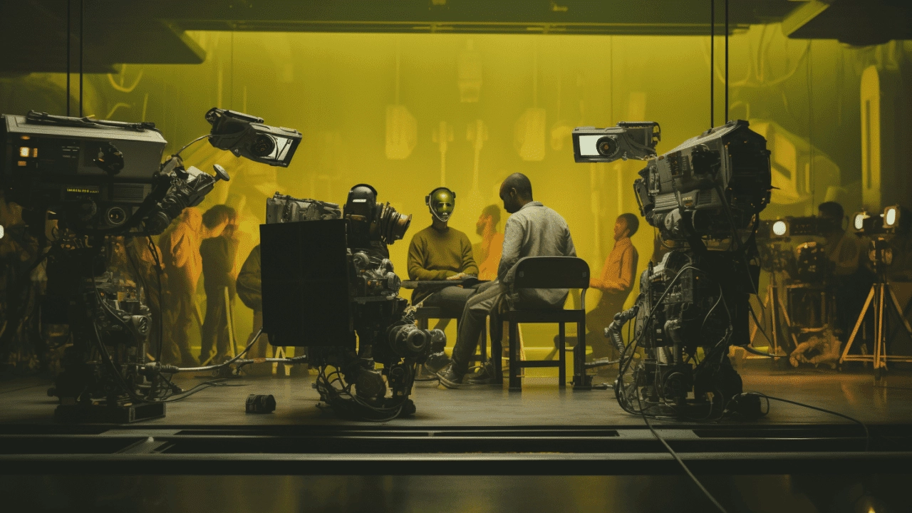 Two people seated and talking in a glass-walled studio, surrounded by large cameras and crew under yellow lighting behind them.