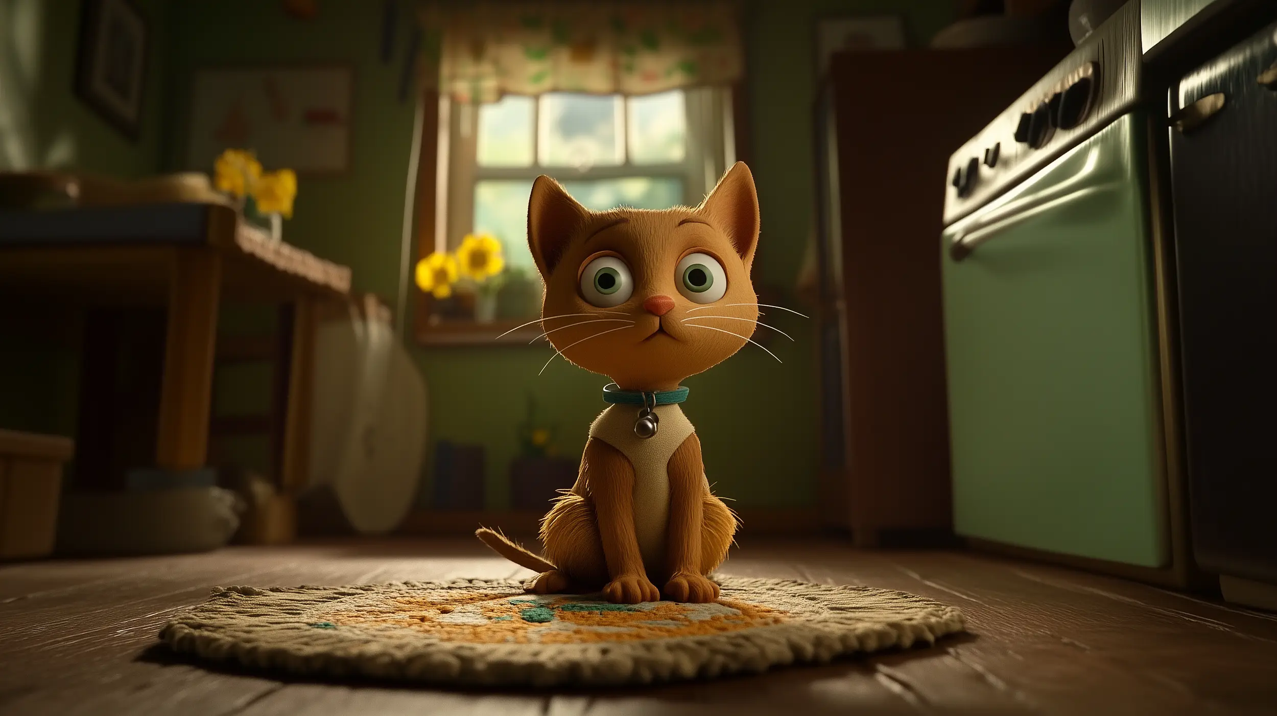 Young orange kitten with green eyes sits on a patterned rug in a sunlit kitchen, looking at the camera.