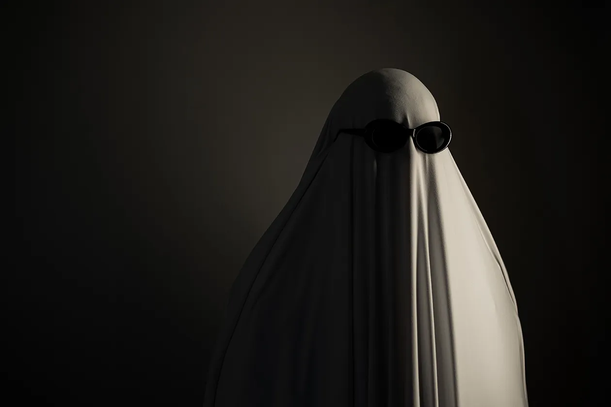 Ghost-like figure draped in a white sheet wearing black sunglasses against a dark background in a studio setting.