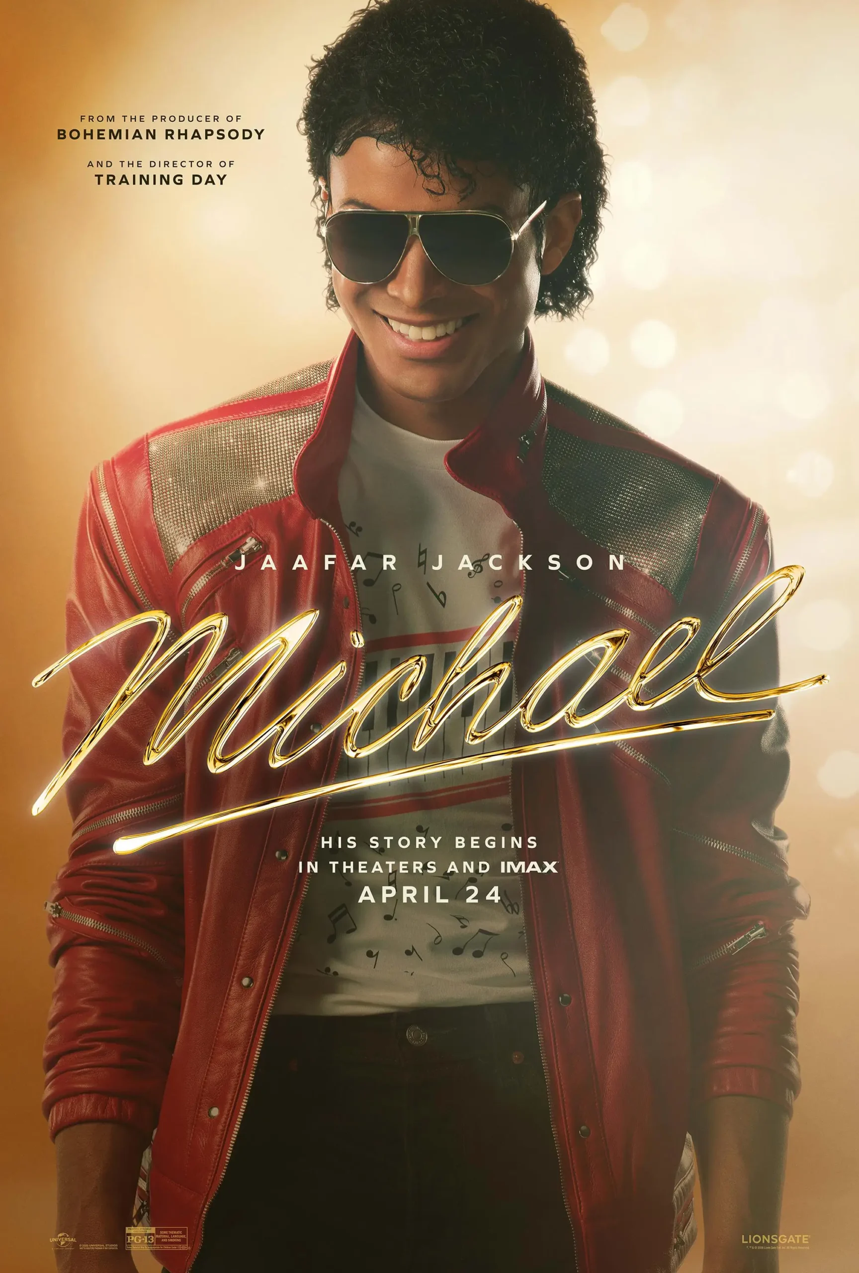 Promotional poster for a Michael Jackson biopic; Jaafar Jackson in a red jacket with sunglasses, gold script title, and April 24 release date.