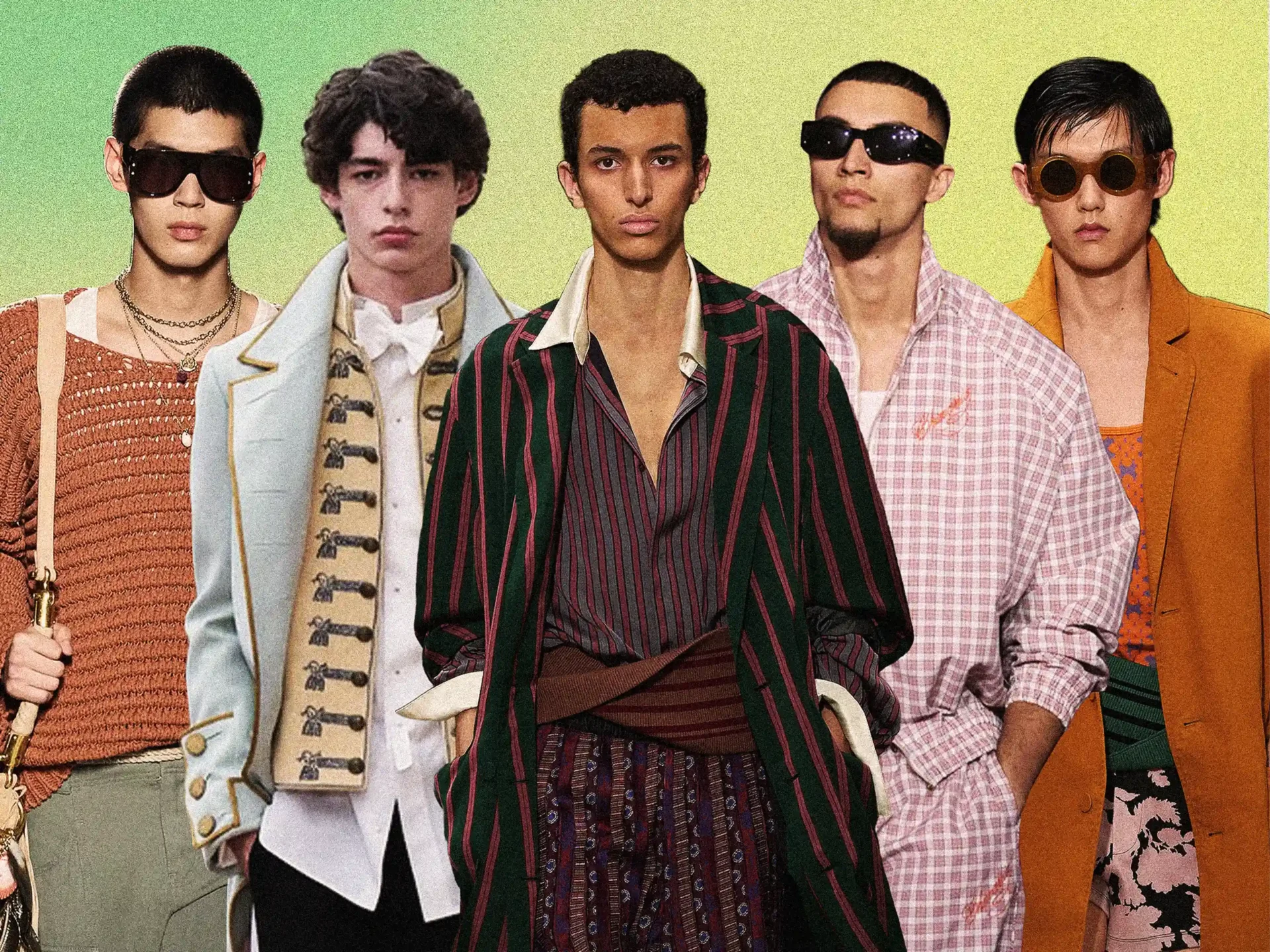 Five young men pose in bold, retro outfits and big sunglasses against a lime-yellow gradient background.