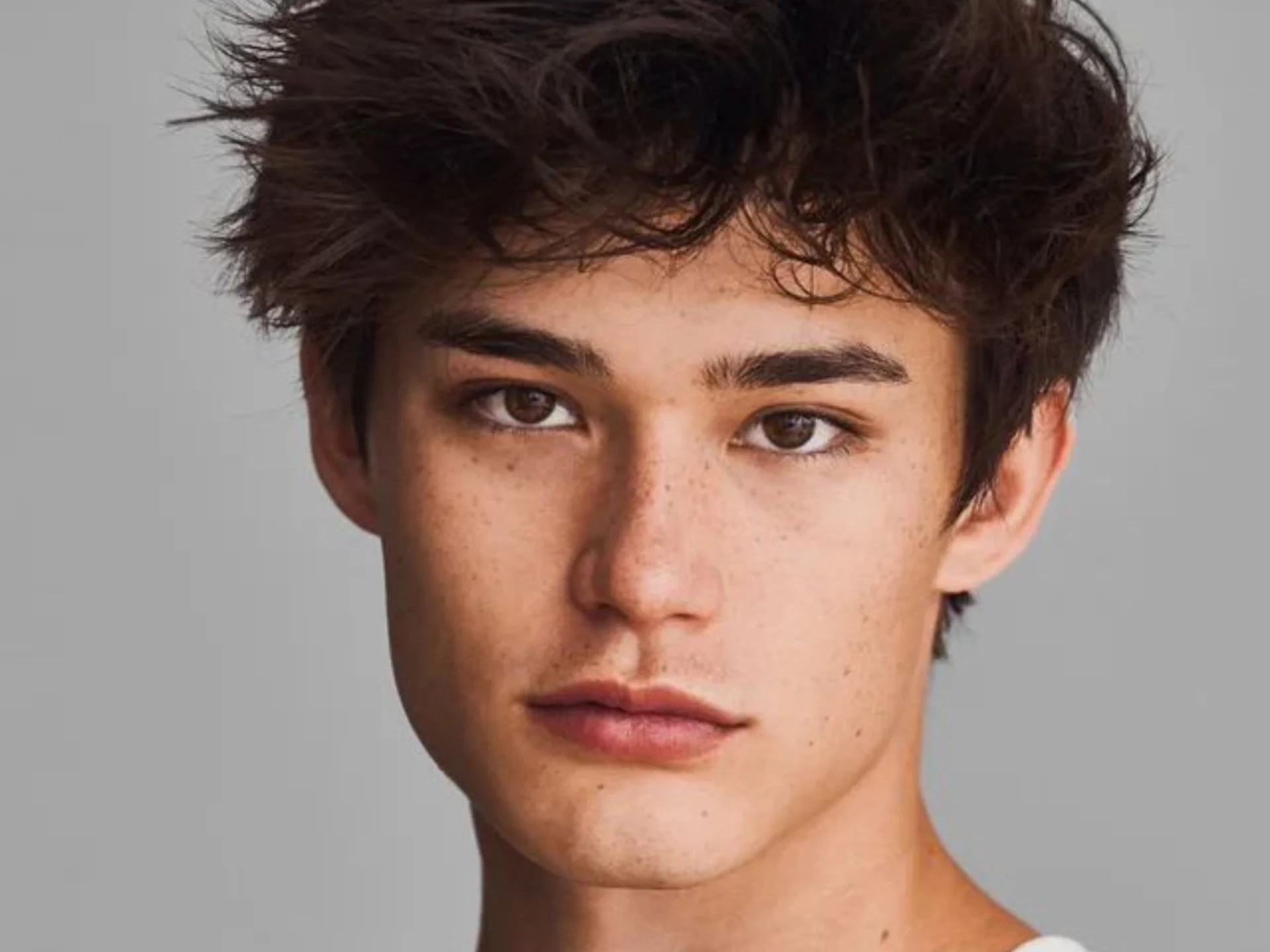 Close-up of a young man's face with brown eyes, freckles, and short dark hair against a gray background, neutral expression.