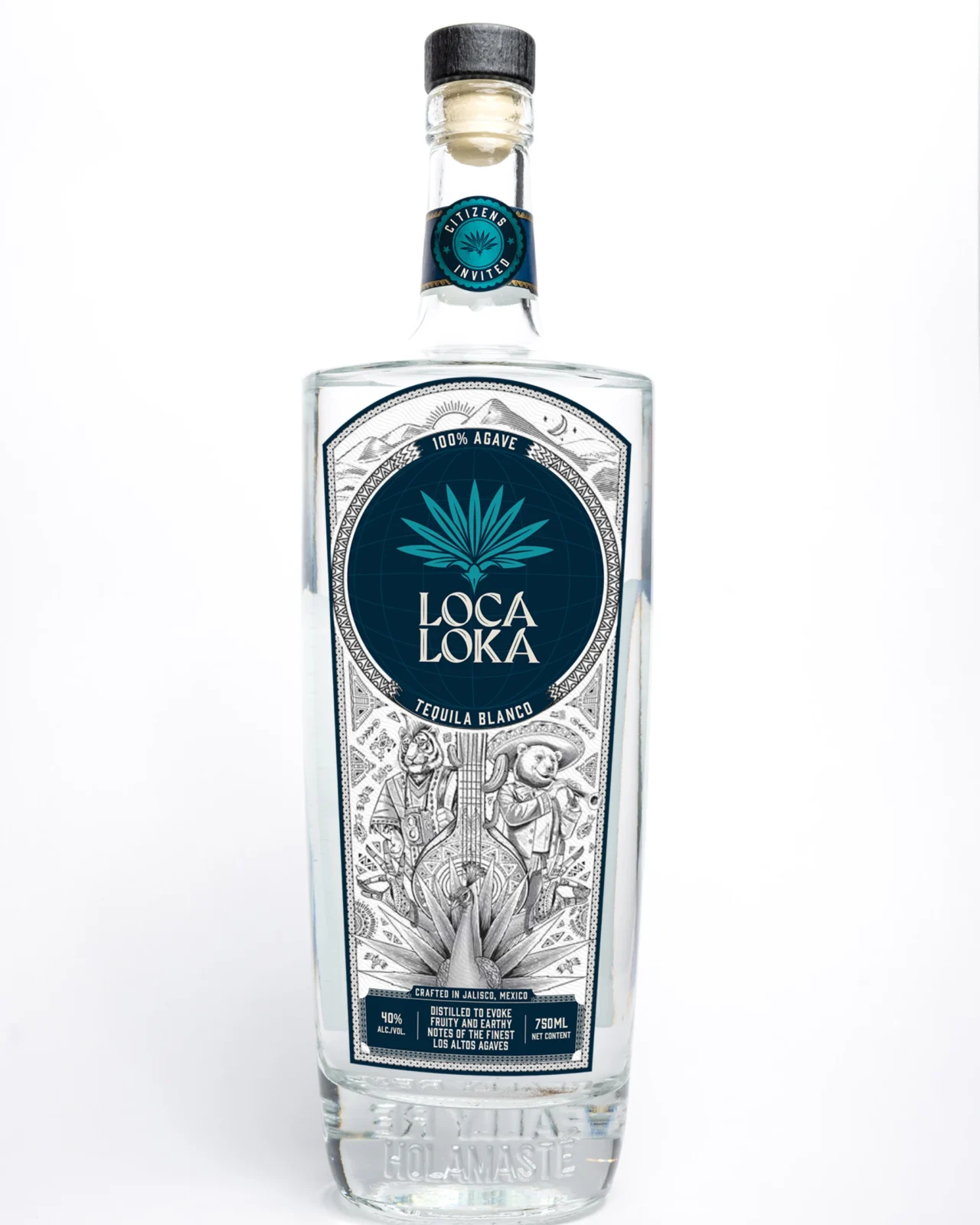 Full bottle of Loca Loka tequila on a white background, showing a blue circular label and intricate black-and-white artwork on the front.
