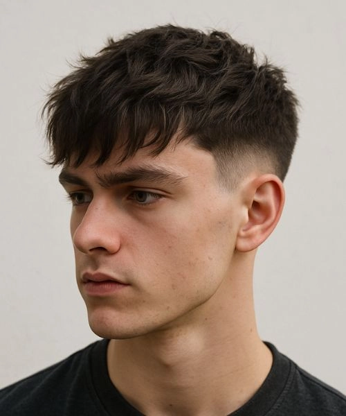 Portrait of a young man with a short, textured haircut looking left against a neutral wall.
